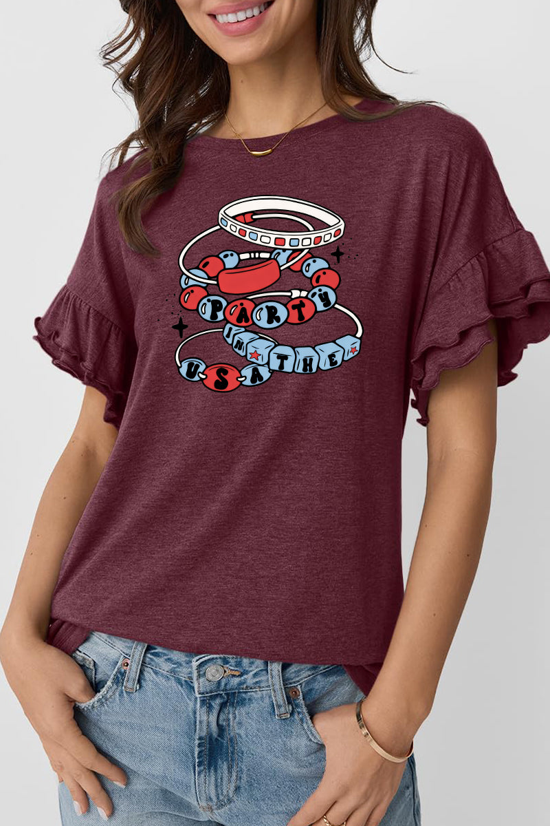 Patriotic Bracelet Graphic Tee Ruffle Sleeve Top