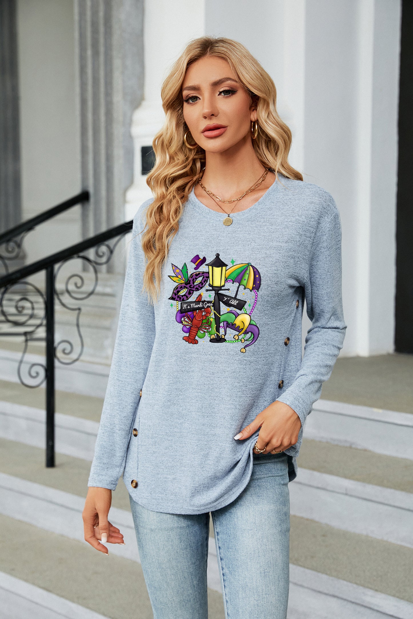 Mardi Gras Festive Mask Crown Graphic Casual Top