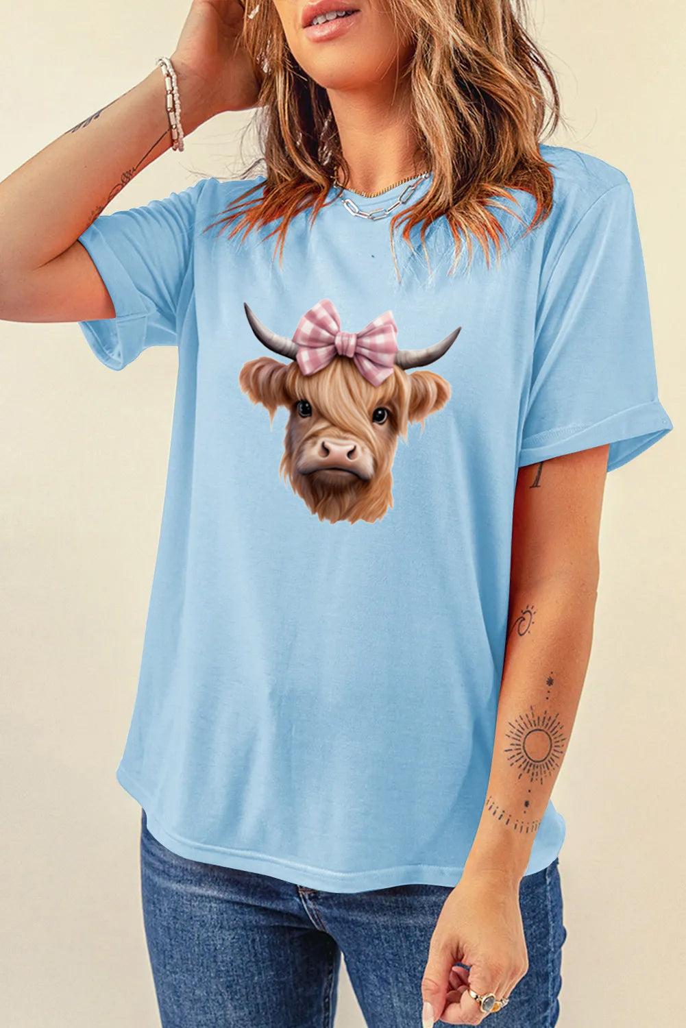 Western Bow Highland Cow Graphic Tee for Women
