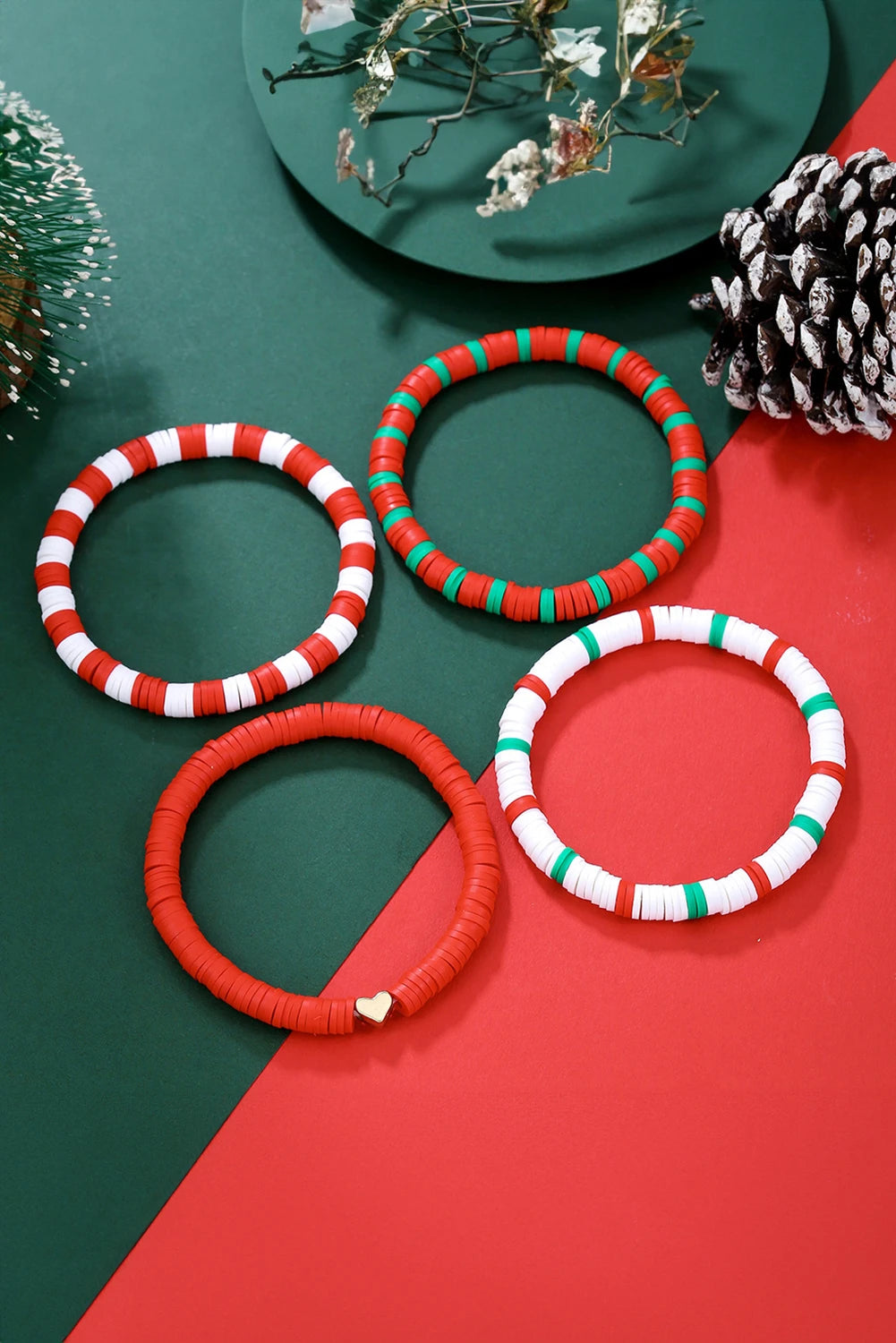 Fiery Red Christmas Color Polymer Clay 4pcs Bracelet Set