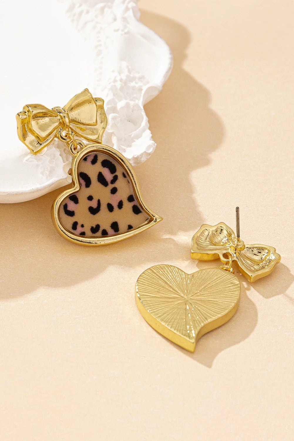 Gold Plated Bow Leopard Heart Pendant Earrings