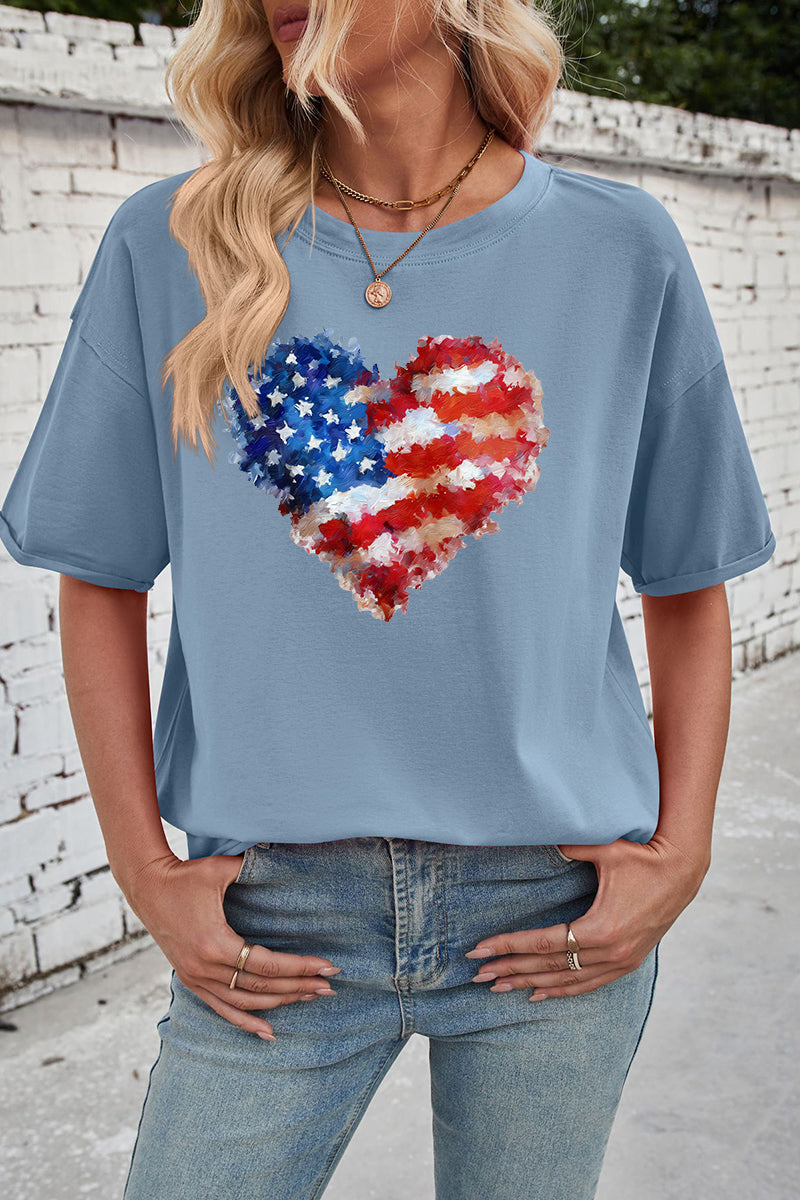 Patriotic Cotton Graphic Tee Oversized Flag Heart Top