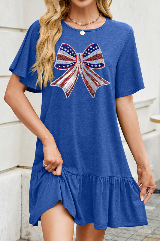 USA Bow Graphic Ruffle Hem Loose Fit Short Sleeve Dress