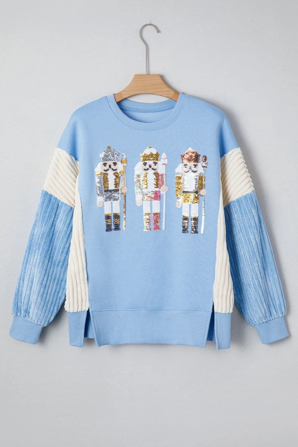 Sequin Nutcracker Textured Sleeve Patchwork Color Block Sweatshirt