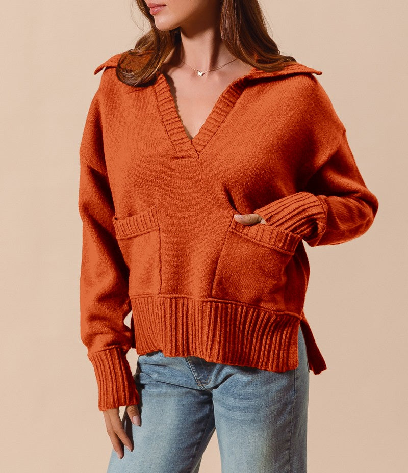 Fall V Neck Knit Sweater with Collar and Pockets