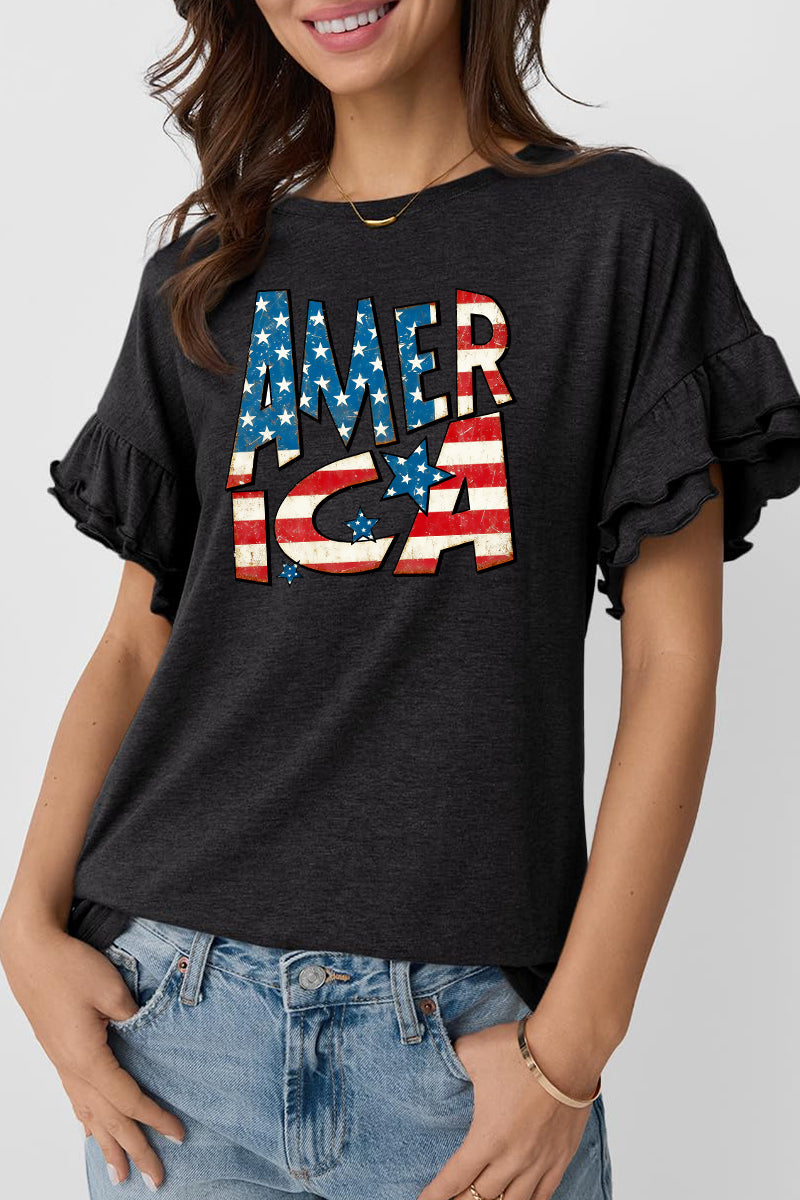 America Flag Graphic Ruffle Sleeve Tee Patriotic Top