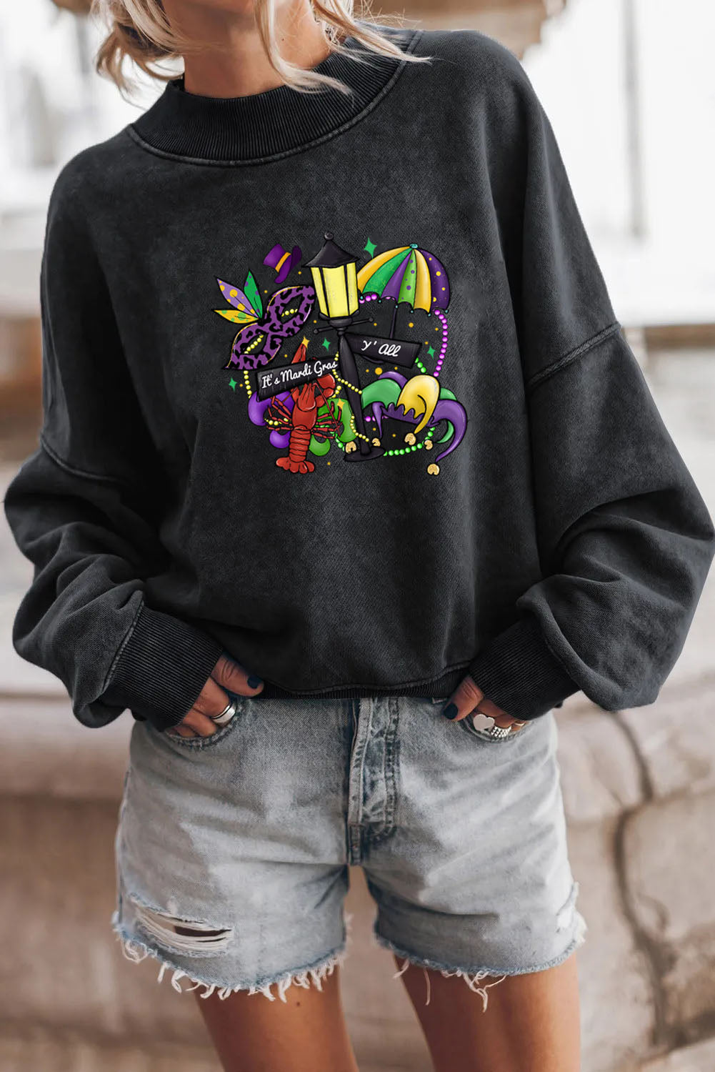 Mardi Gras Mask Street Graphic Cozy Sweatshirt