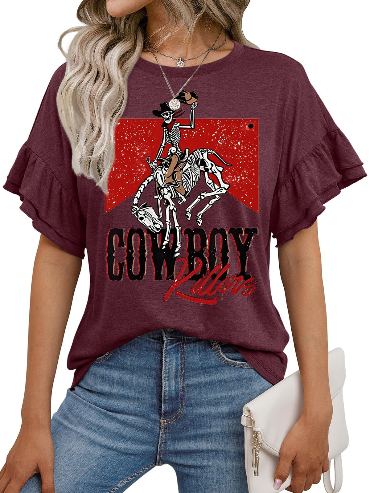 Vintage Cowboy Graphic Ruffle Sleeve Western Tee