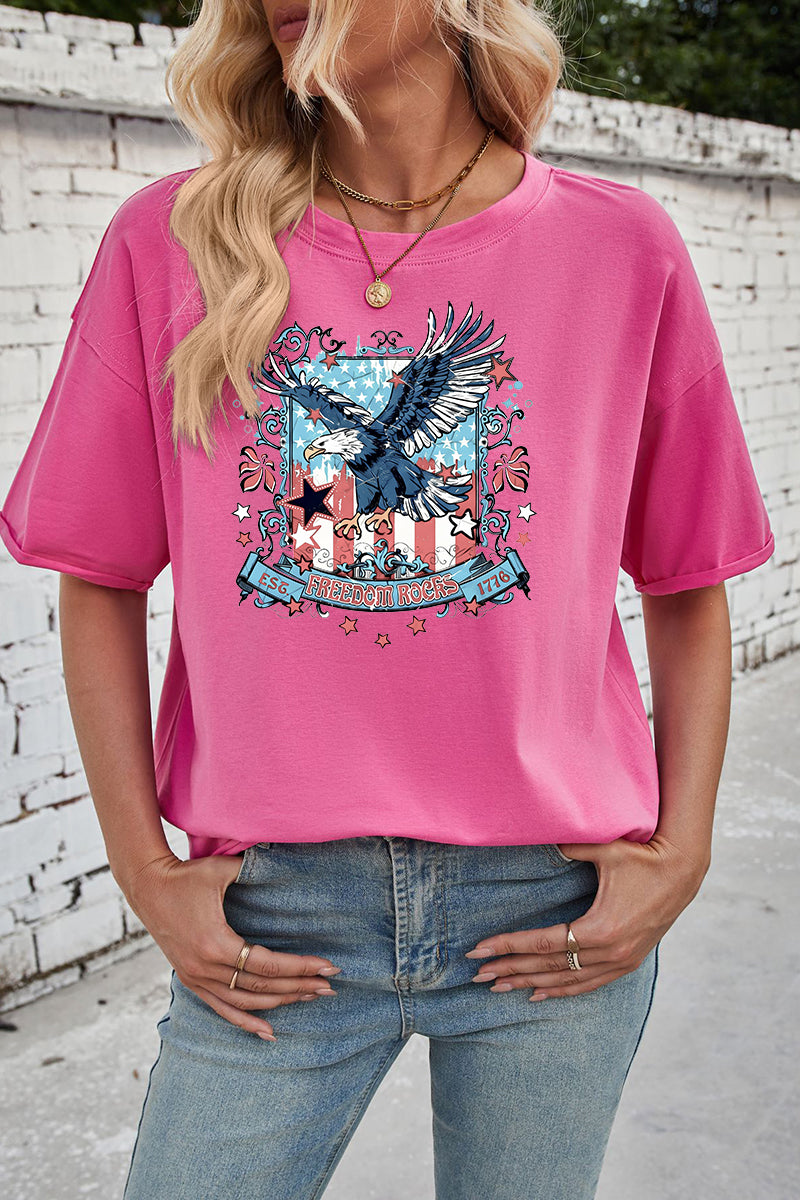 Patriotic Cotton Graphic Tee Oversized Eagle Freedom Top