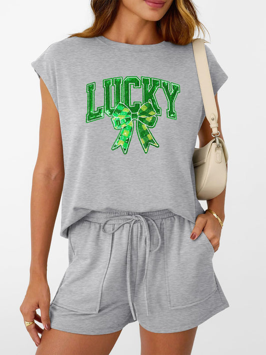 St Patricks Day Lucky Sequin Bow Two Piece Set