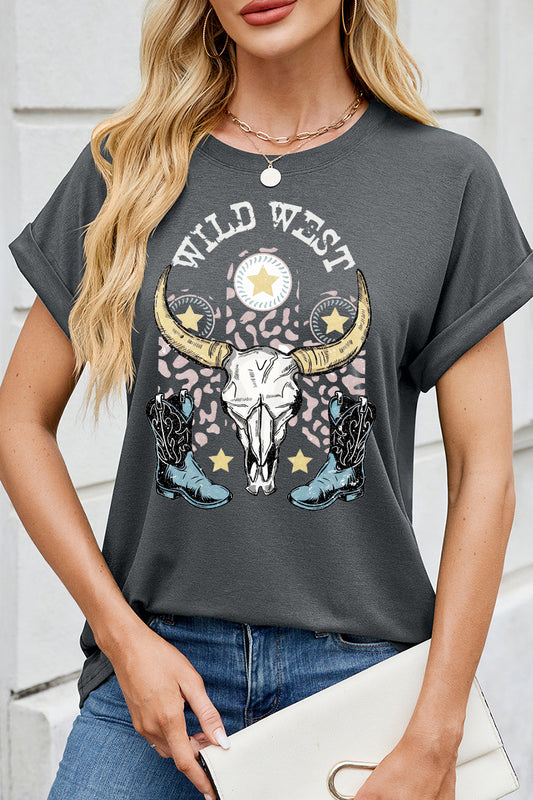 Wild West Graphic Tee Bull Skull Boots Cowgirl Shirt
