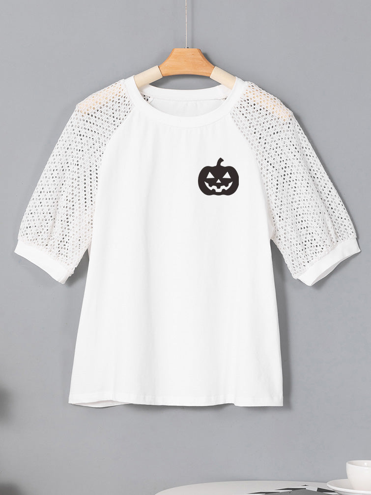 Halloween Pumpkin Graphic Crochet Sleeve White Tee