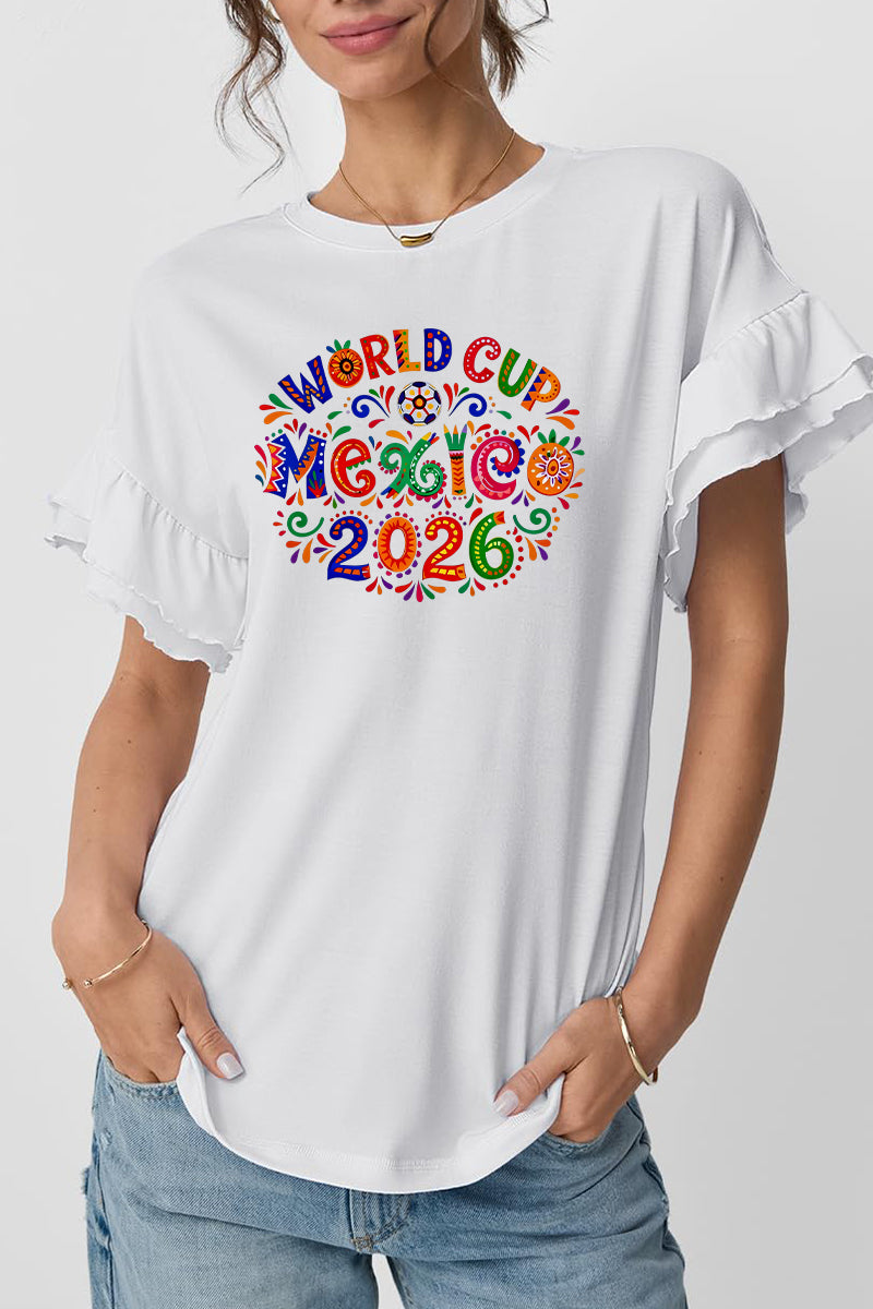 Graphic Ruffle Sleeve T Shirt Mexico 2026 Casual Tee