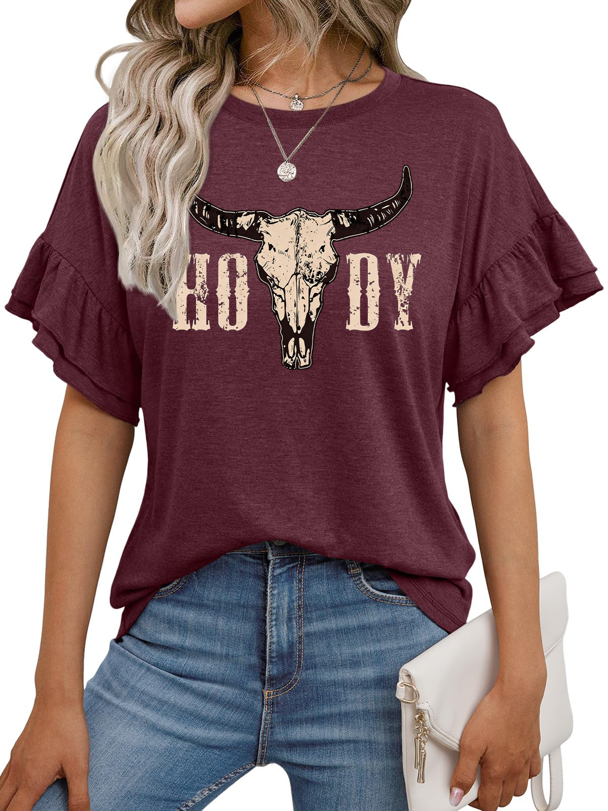 Howdy Cow Skull Graphic Ruffle Sleeve Western Tee