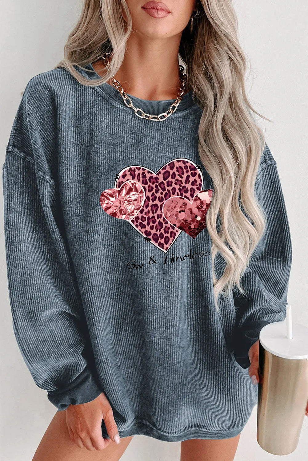 Valentine's Day Leopard Heart Sequin Black Corduroy Sweatshirt