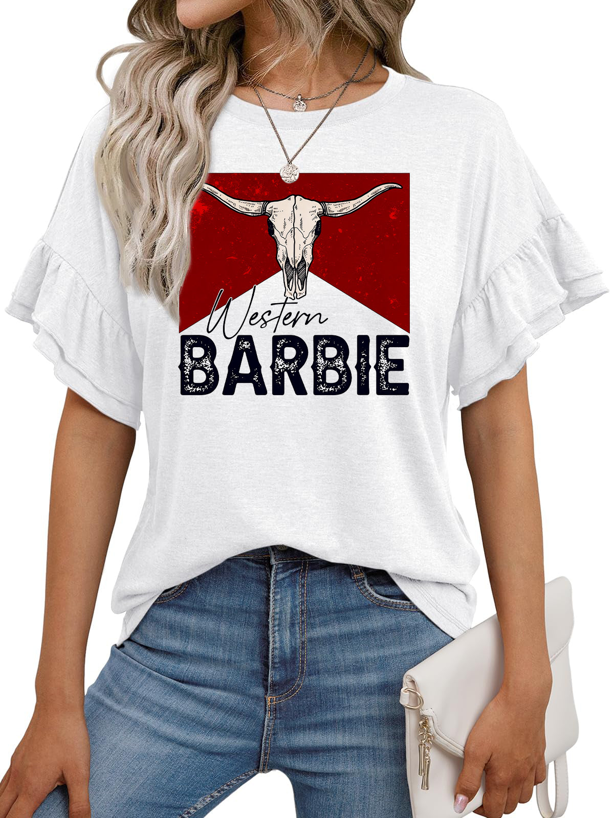 Western Cow Skull Graphic Ruffle Sleeve Tee Retro Cowgirl Top