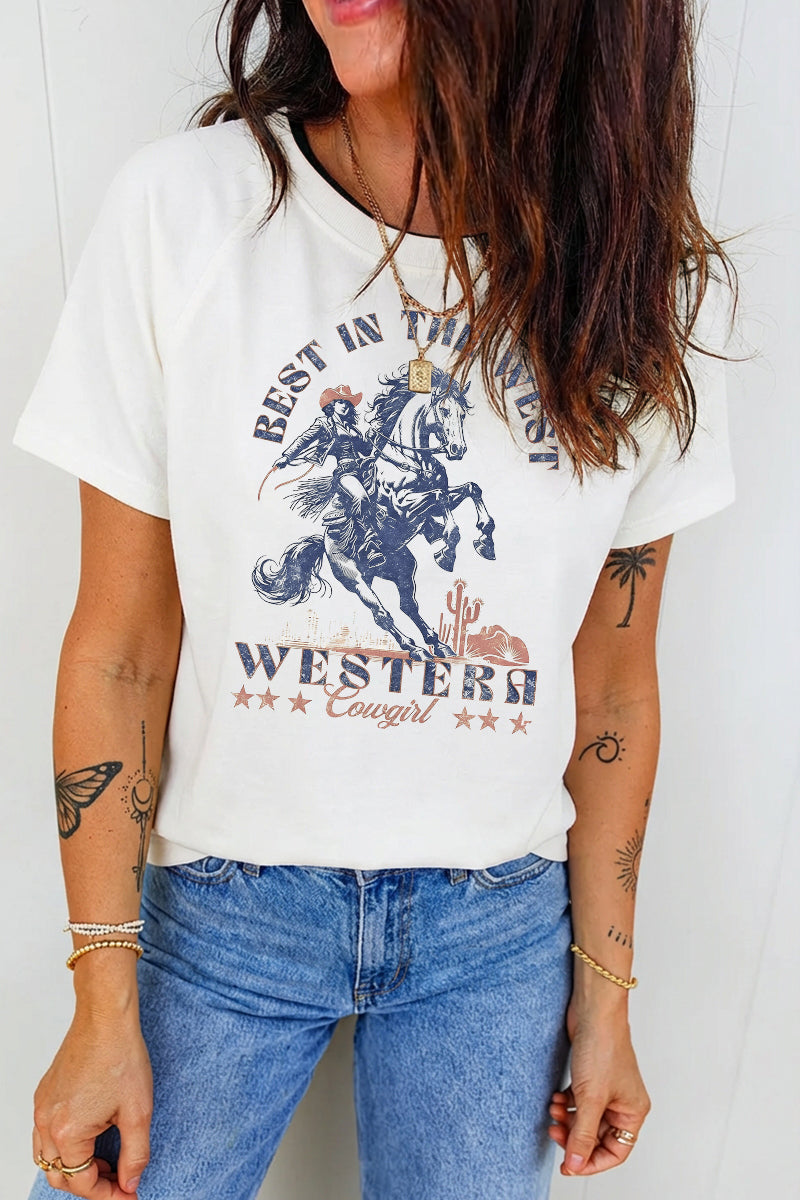 Western Horse Graphic Sweat Tee Casual Loose Cowgirl Top