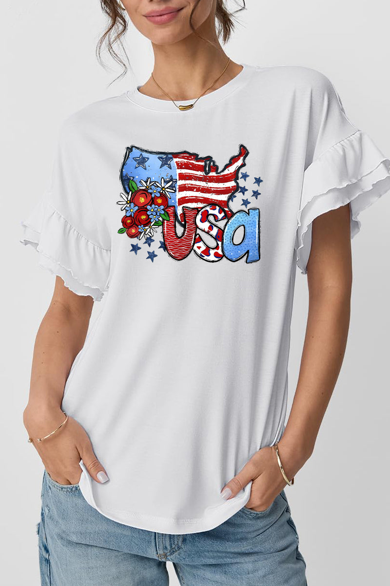 USA Floral Flag Graphic Ruffle Sleeve Patriotic Tee