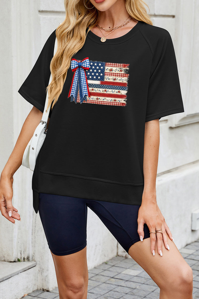 USA Flag Bow Graphic Tee Women 4th July Patriotic Top