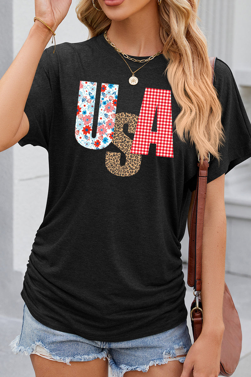 USA  Floral Graphic Casual Patriotic T Shirt