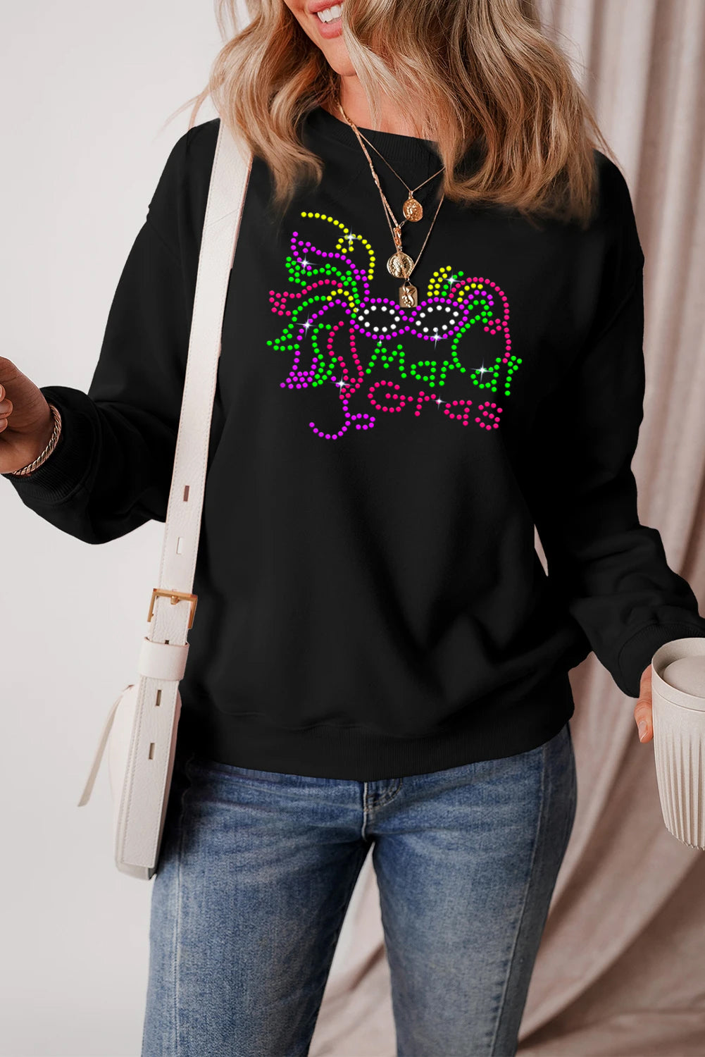 Mardi Gras Rhinestone Mask Graphic Green Sweatshirt
