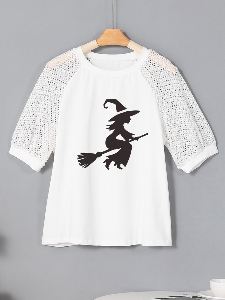 Halloween Witch Graphic Crochet Sleeve White T Shirt