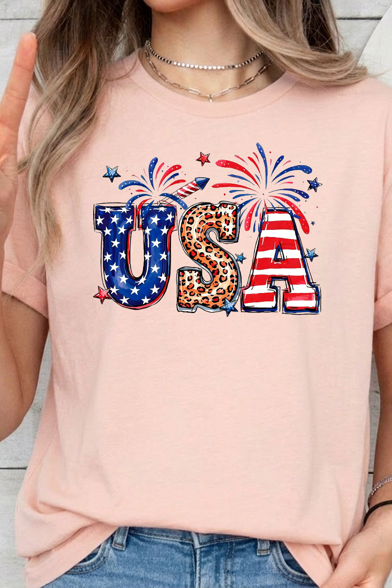 USA Fireworks Graphic Crewneck Casual Tee