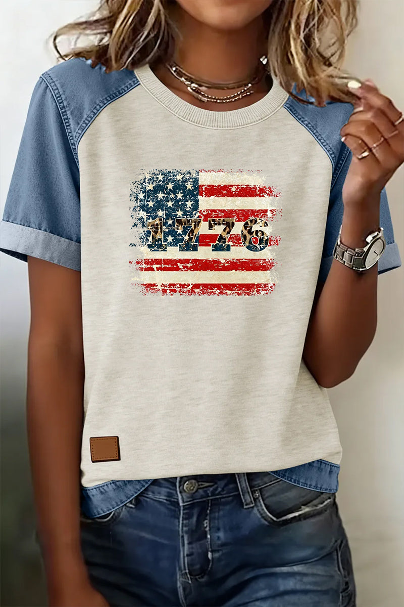 Vintage USA Flag Graphic Tee Denim Patchwork Raglan Top