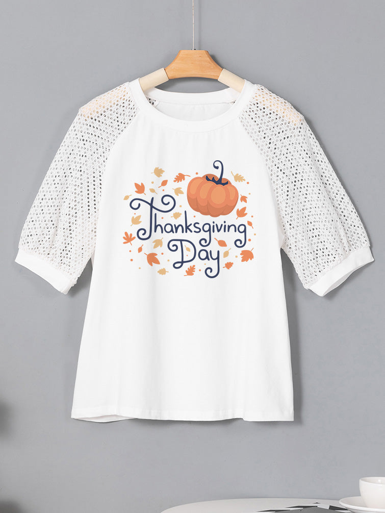 Fall Thanksgiving Pumpkin Lace Sleeve Graphic Top