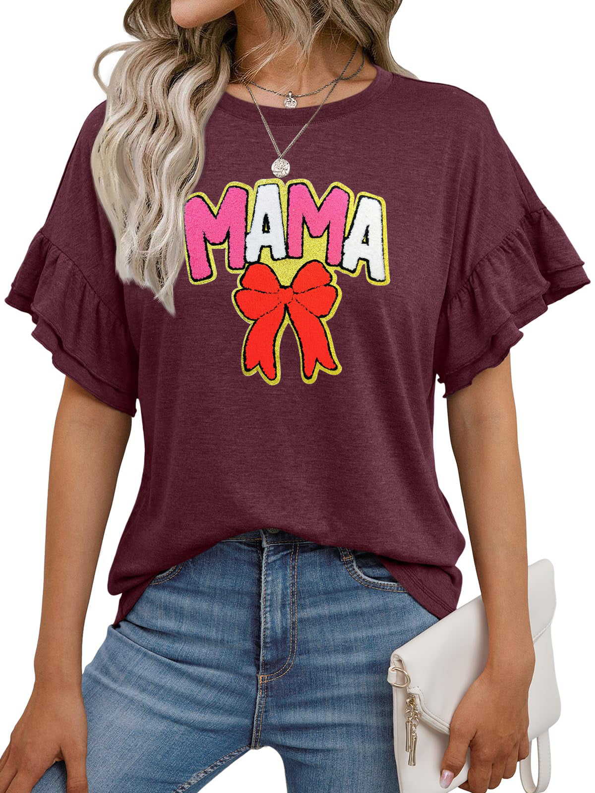 Mother’s Day Mama Bow Graphic Ruffle Sleeve T Shirt