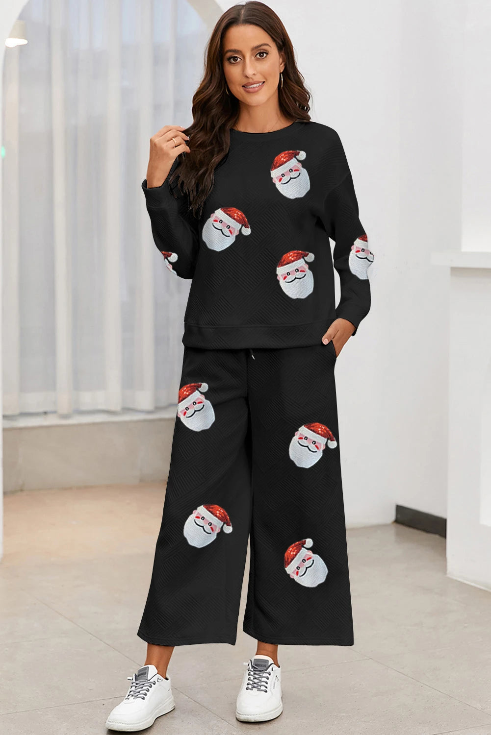 Black Christmas Sequined Santa Clause Print Textured Pants Set