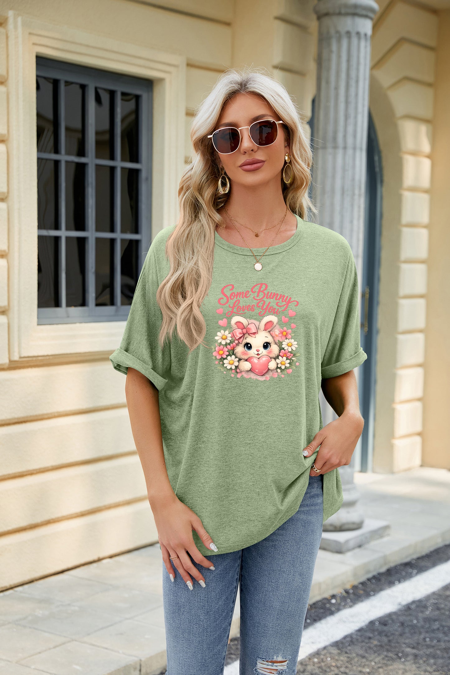 Easter Clover Heart Graphic Oversized Casual T Shirt