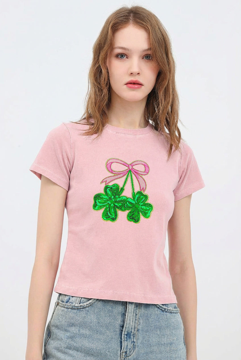 St Patricks Day Bow Shamrock Sequin Crop T-Shirt