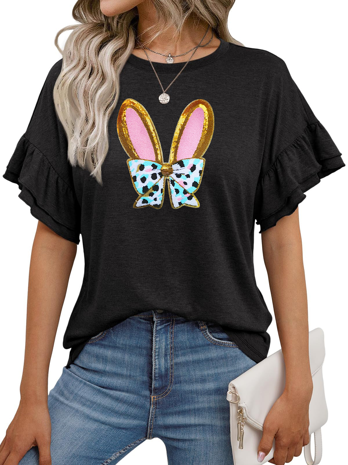 Easter Bunny Graphic Ruffle Sleeve T Shirt