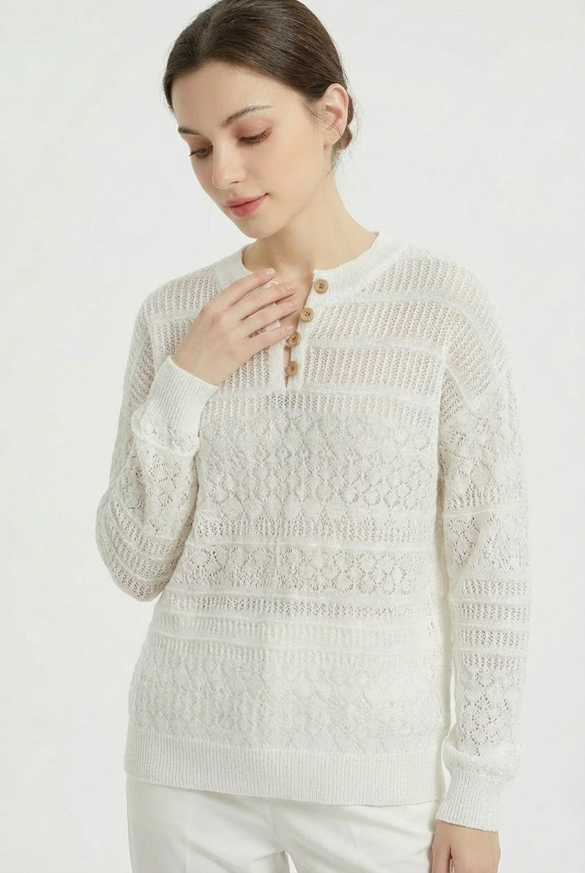 Open Knit Henley Button Long Sleeve Sweater