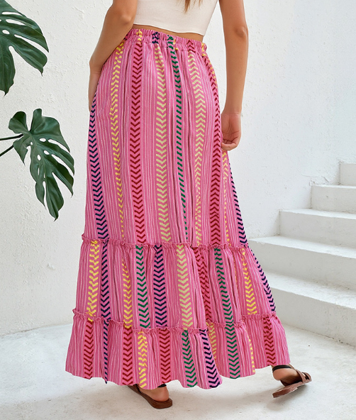 2025 Summer Color-Block Print Elastic Waist Bohemian Patchwork Skirt