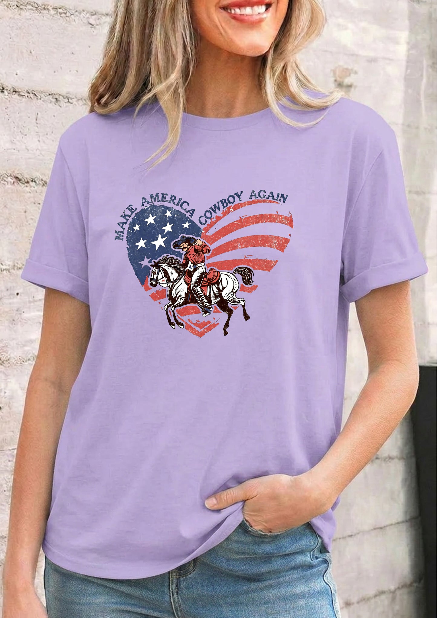 Cowboy America Flag Heart Independence Day Graphic Tee