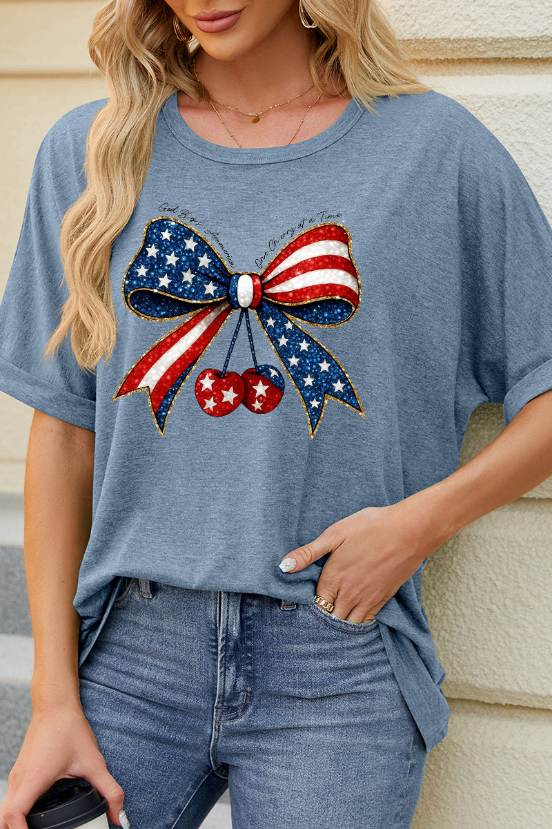 Independence Day Bow Cherry Graphic Casual Summer Tee