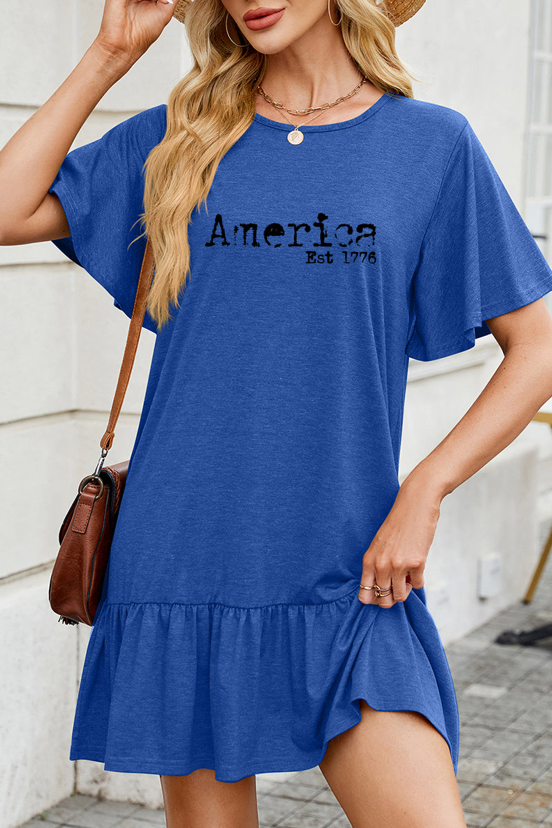 America Graphic Cotton Dress Casual Ruffle Holiday