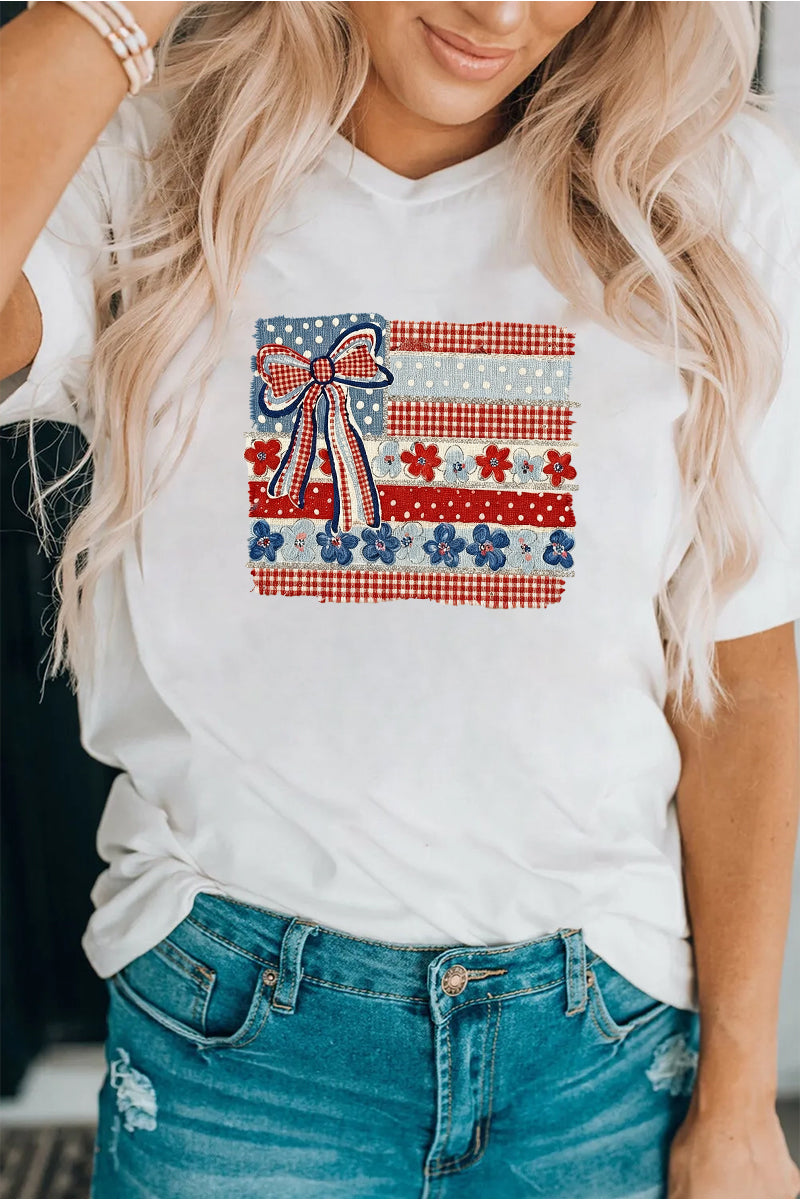 USA Bow Flag Graphic Tee Women Patriotic Summer Top