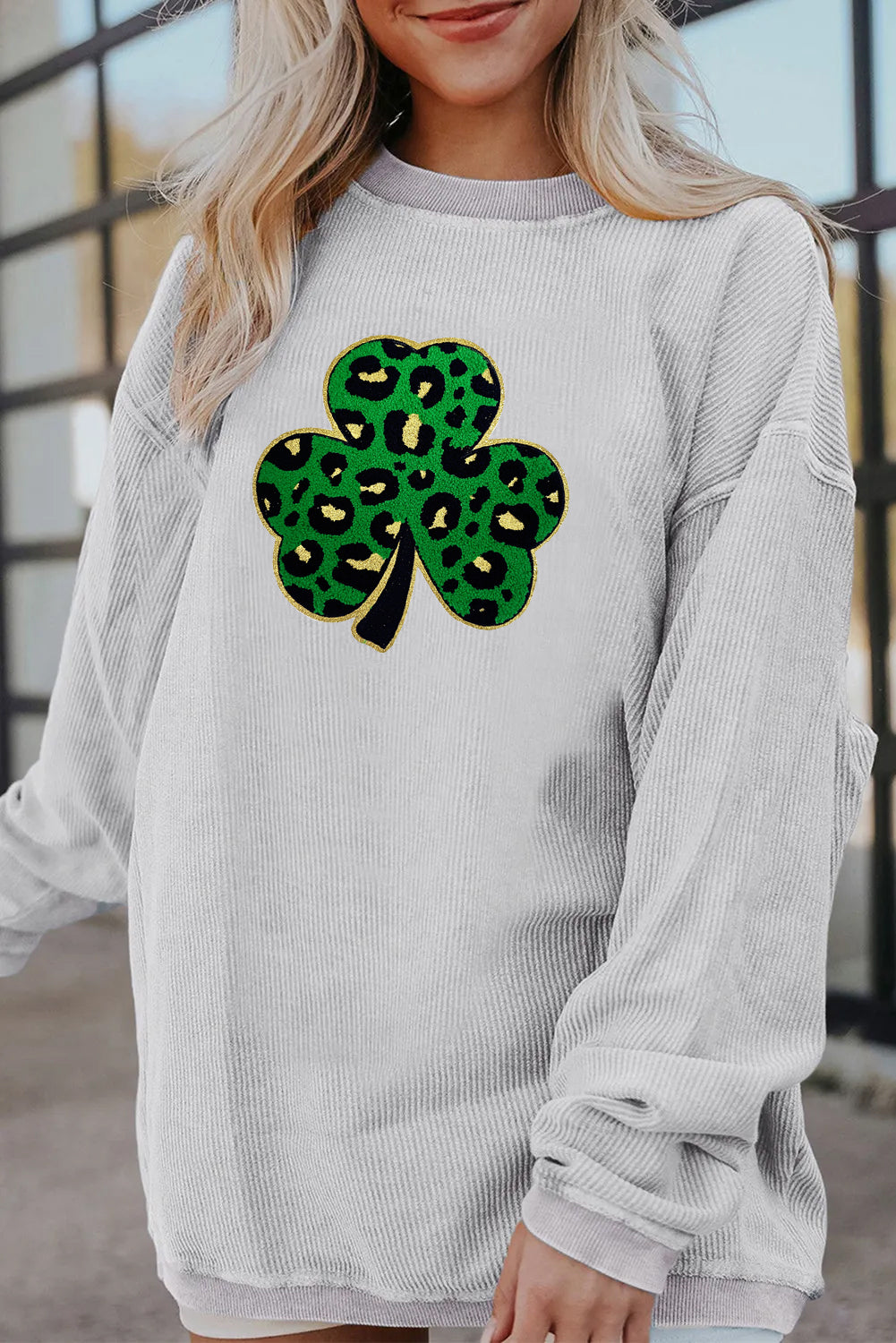 Saint Patrick’s Day Leopard Shamrock Corded Sweatshirt