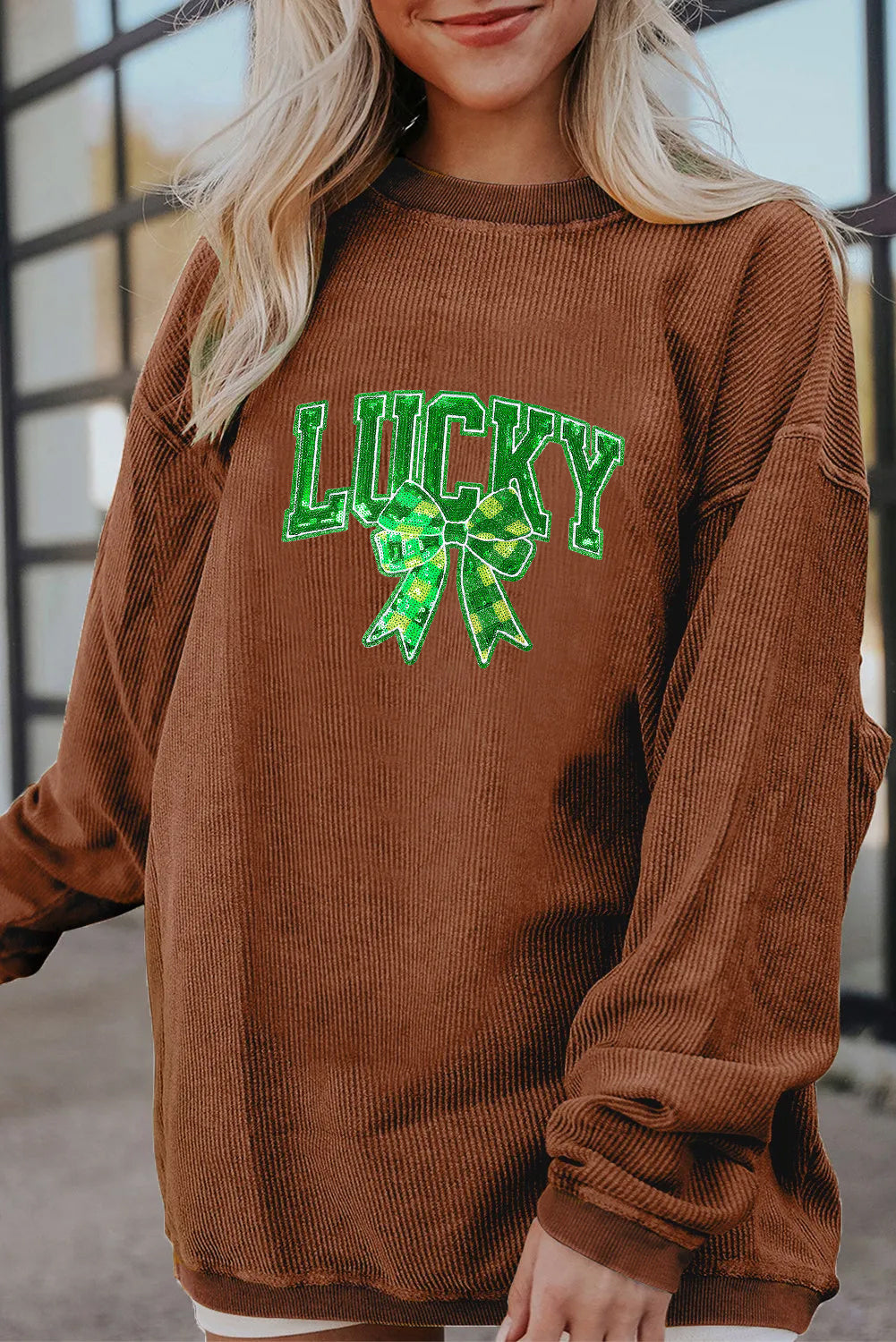 Saint Patrick's Day Lucky Sequin Clover Graphic Sweatshirt