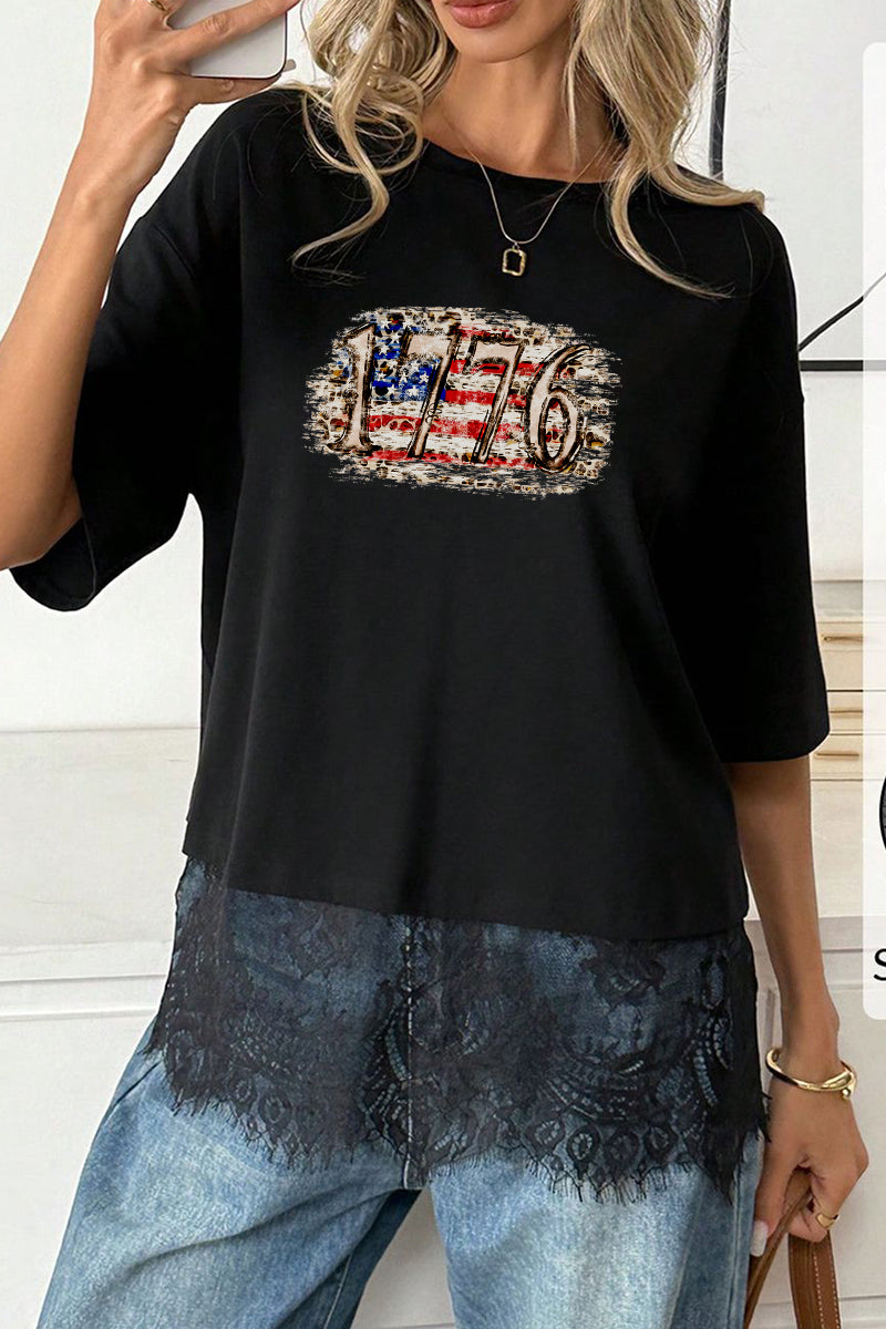 USA 1776 Graphic Tee Lightweight Lace Hem Patriotic Shirt