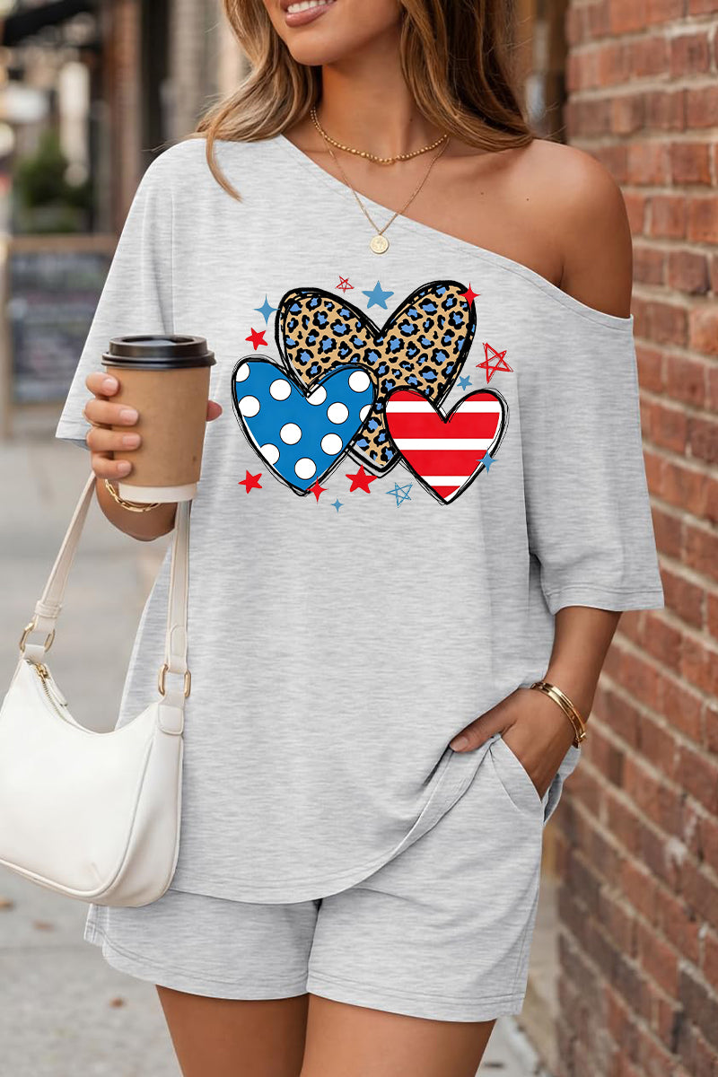 Independence Day Heart Print Off Shoulder Summer Set