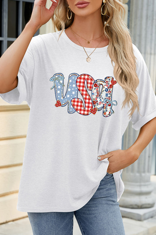 USA Sequin Graphic Oversized Tee Patriotic Summer