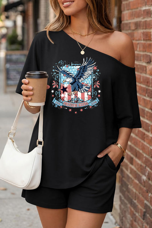 Independence Day Eagle Graphic Off Shoulder Summer Set