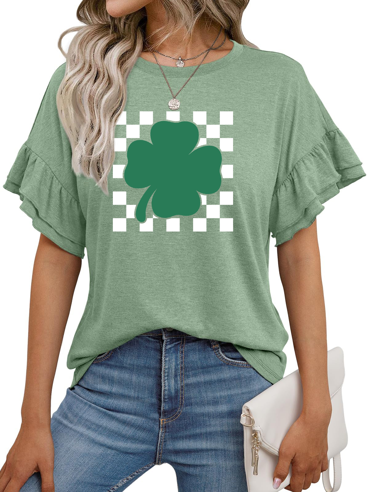 St Patricks Day Shamrock Checkerboard Ruffle Sleeve Top