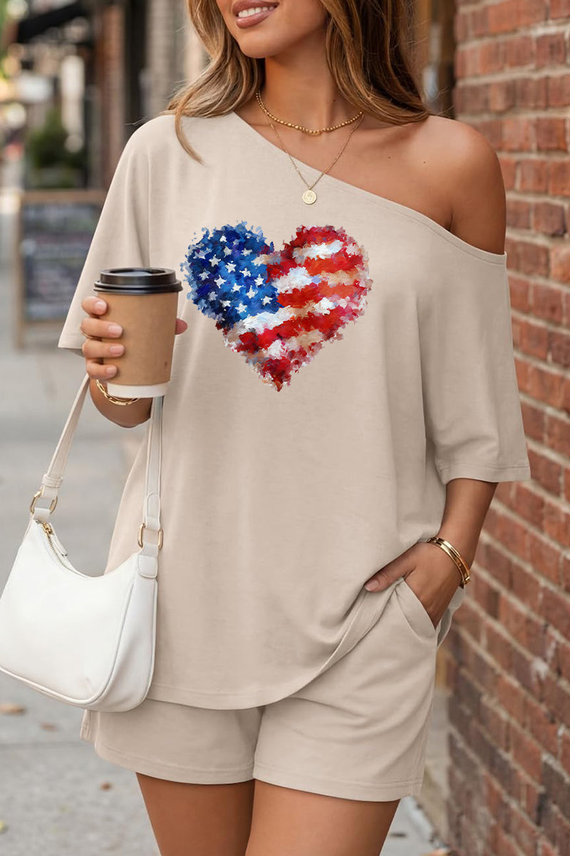 USA Heart Off Shoulder Short Sleeve Summer Top Set