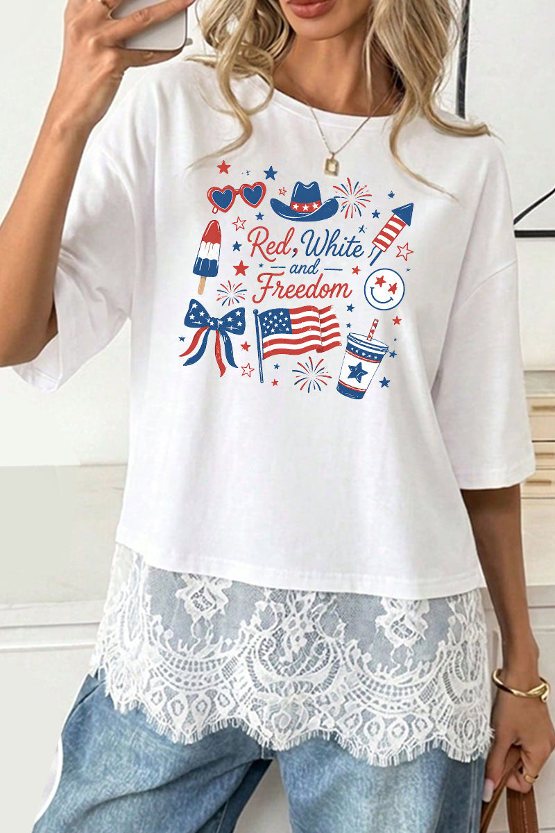 Patriotic Polyester Tee Red White Freedom 4th July Top