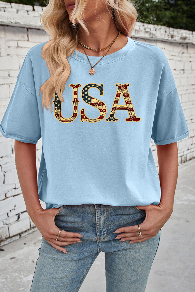 USA Patriotic Print Rayon Tee Oversized Holiday Top